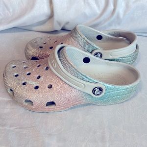 Pink and blue glitter crocs size youth 3